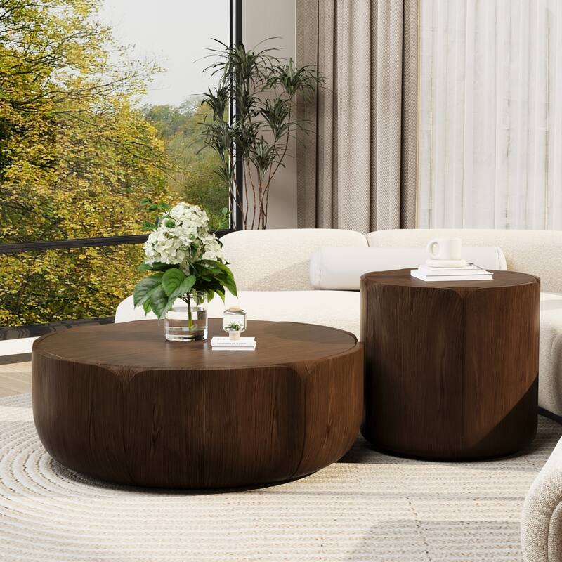 Round Outdoor/Indoor Coffee Table Set, Modern Wood Grain Drum Center Tables - Brown