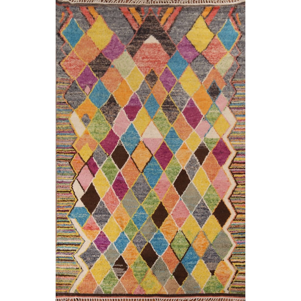 Colorful Trellis Plush Moroccan Area Rug Hand-Knotted Wool Carpet - 8'5" x 13'1"