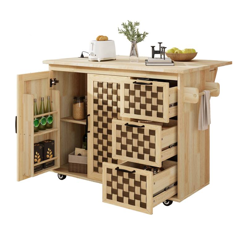 Woven Checkerboard Pattern Kitchen Island with Drop Leaf, Internal Storage Rack, 2 Cabinets & Power Outlet, Movable Kitchen Cart