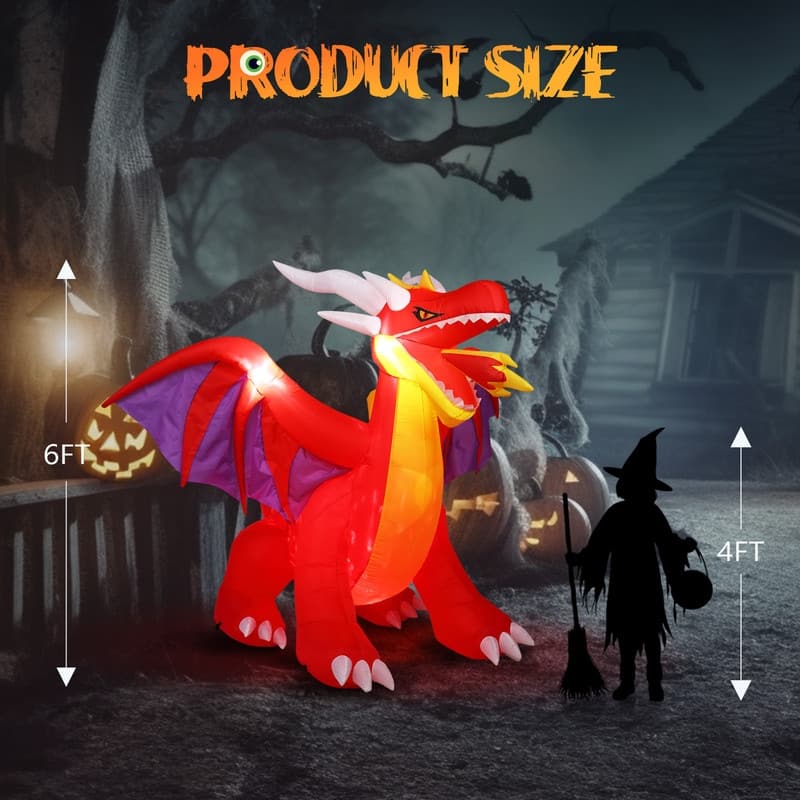 6FT Fire-Breathing Dragon Yard Halloween Inflatables Decorations - N/A - Red