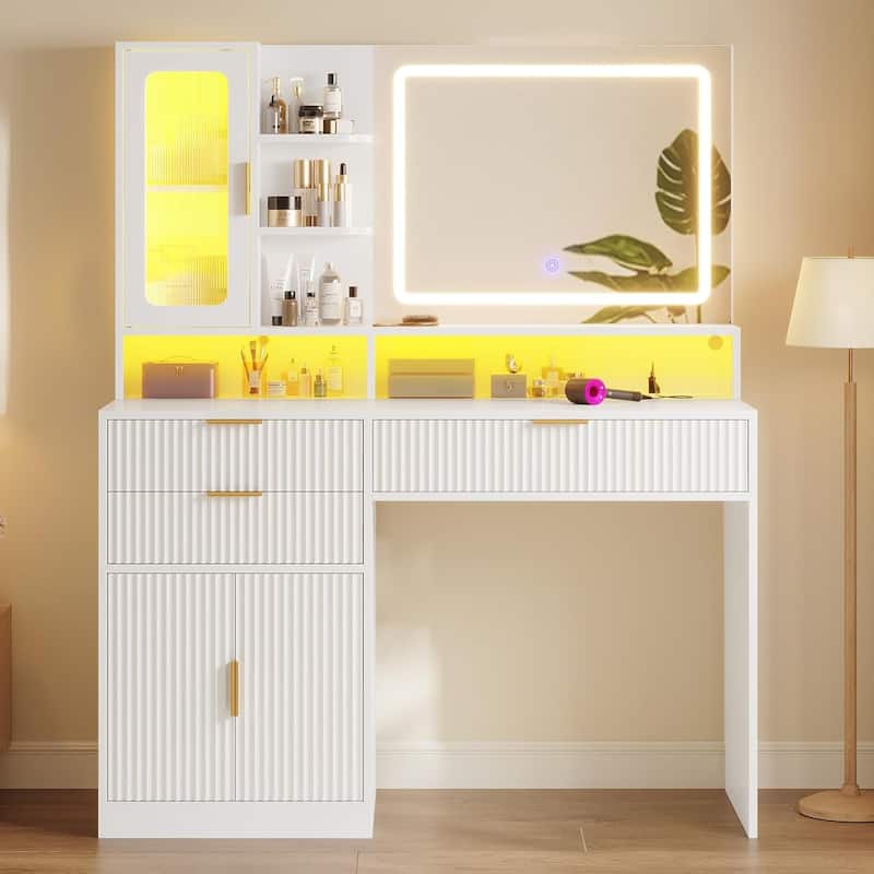 Makeup Vanity Desk Mirror LED Lights Charging Station RGB Lights Drawers Cabinet