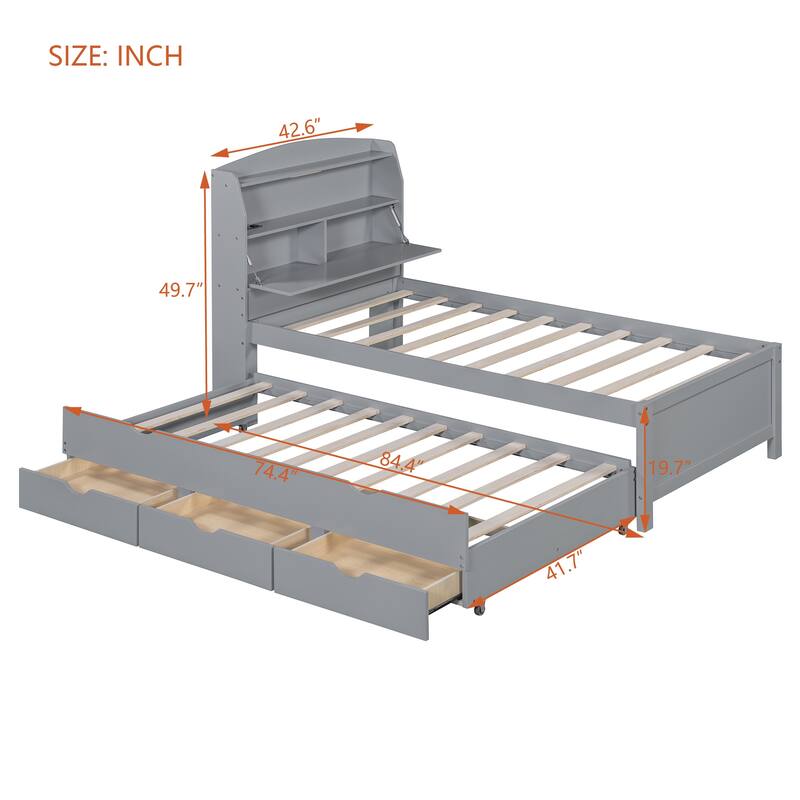 Full Platform Bed with Pull-Out Trundle, LED Headboard Lighting, USB Charging Ports, Flip-Up Storage, and Under-Bed Drawers