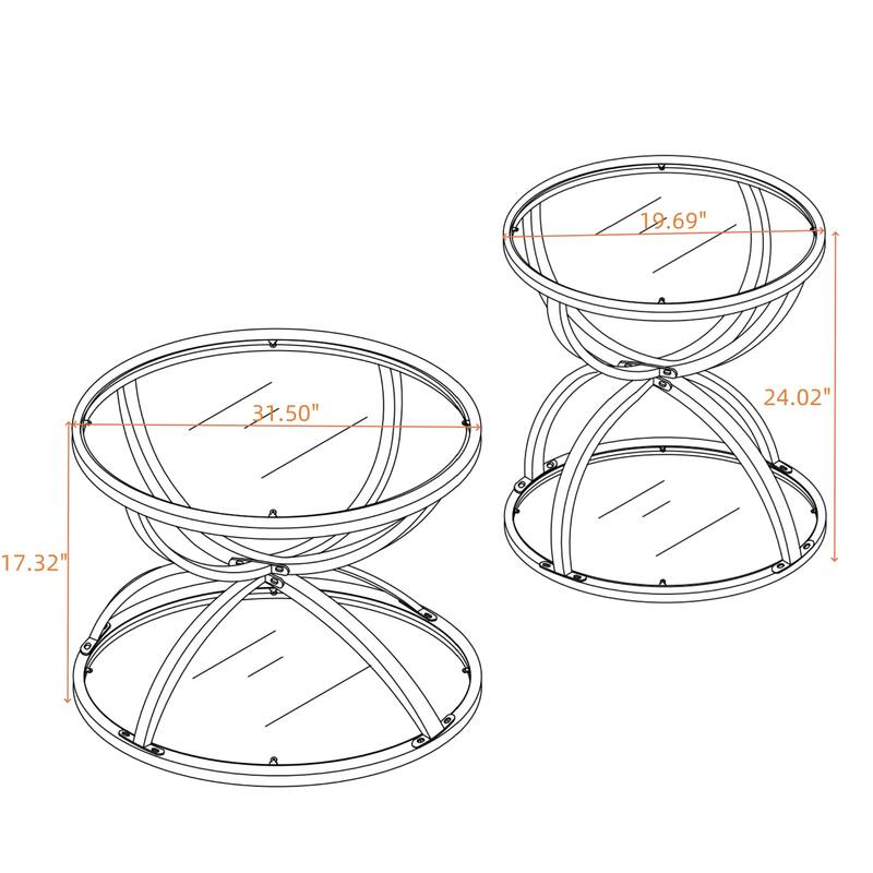 Modern 2 Tiers Glass Coffee Table with Ring-Shaped Metal Frames
