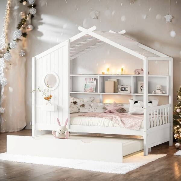 slide 2 of 36, Playhouse Design Twin Size House Wooden Bed with Trundle, Modern Design for Kids with Storage Shlef White