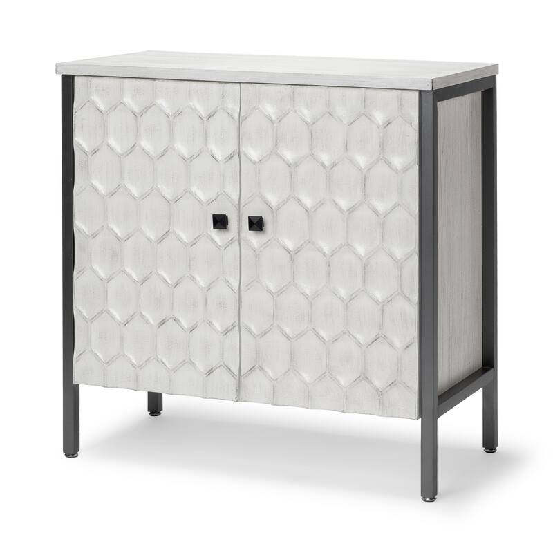 HomeRoots 32" White and Gray Wood and Metal Carved Geometric Accent Cabinet With Two Doors