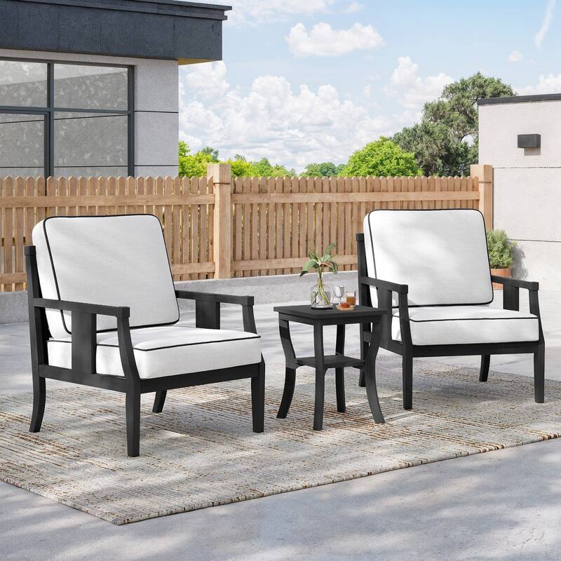 3-Piece Solid Teak Outdoor Patio Furniture Set Armchairs & Storage Table - Blackframe-Beige - Black Frame