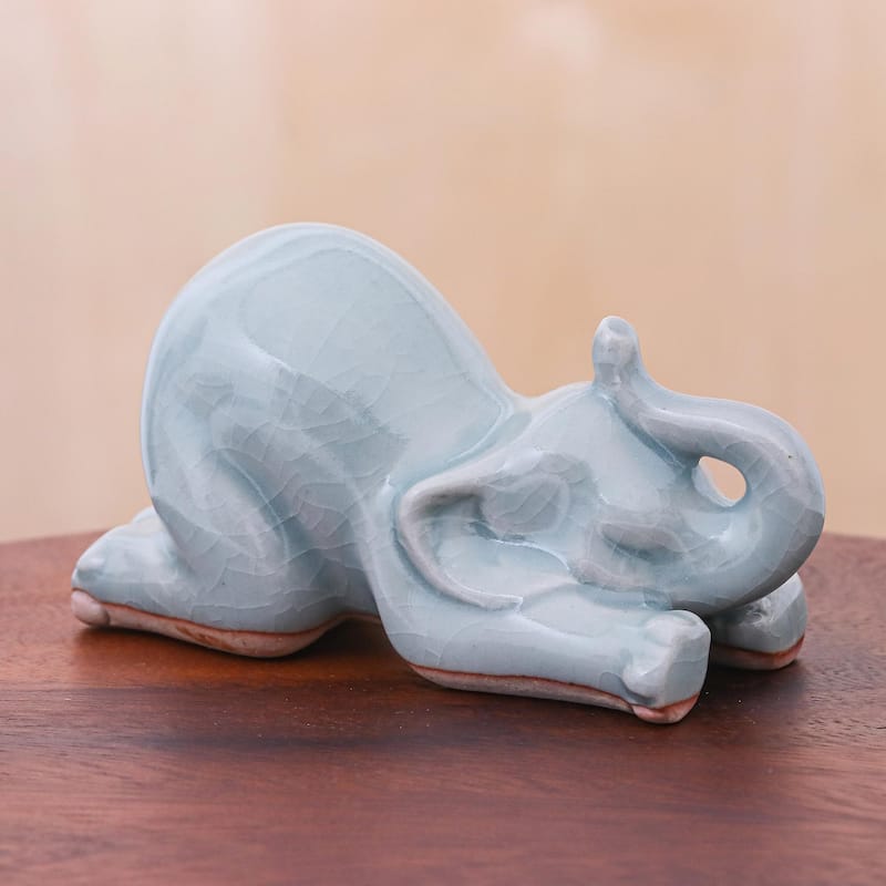 NOVICA Handmade Elephant Puppy Pose Celadon Ceramic Figurine