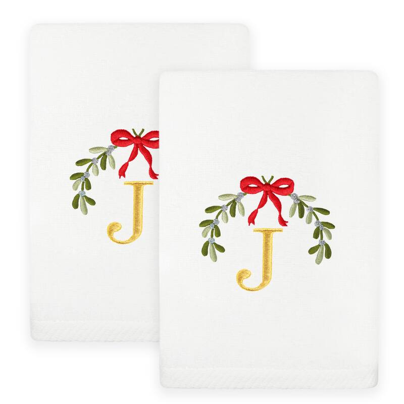 Authentic Hotel and Spa Christmas MISTLETOE MONOGRAM Embroidered Luxury 100% Turkish Cotton Hand Towels Set of 2 - J