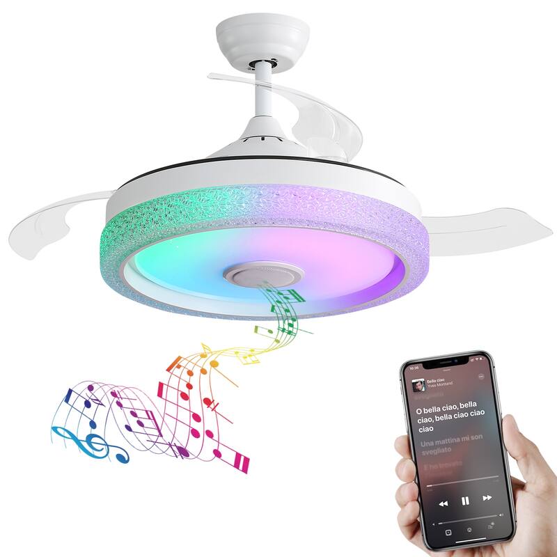Modern 42 Inch Invisible Ceiling Fan with Bluetooth Player & Retractable ABS Blades, Dimmable LED Ceiling Fan Light, White