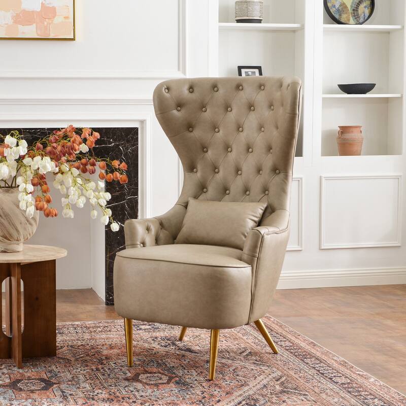KINWELL Upholstered Tufted Faux Leather Wingback Chair PU Accent Chair