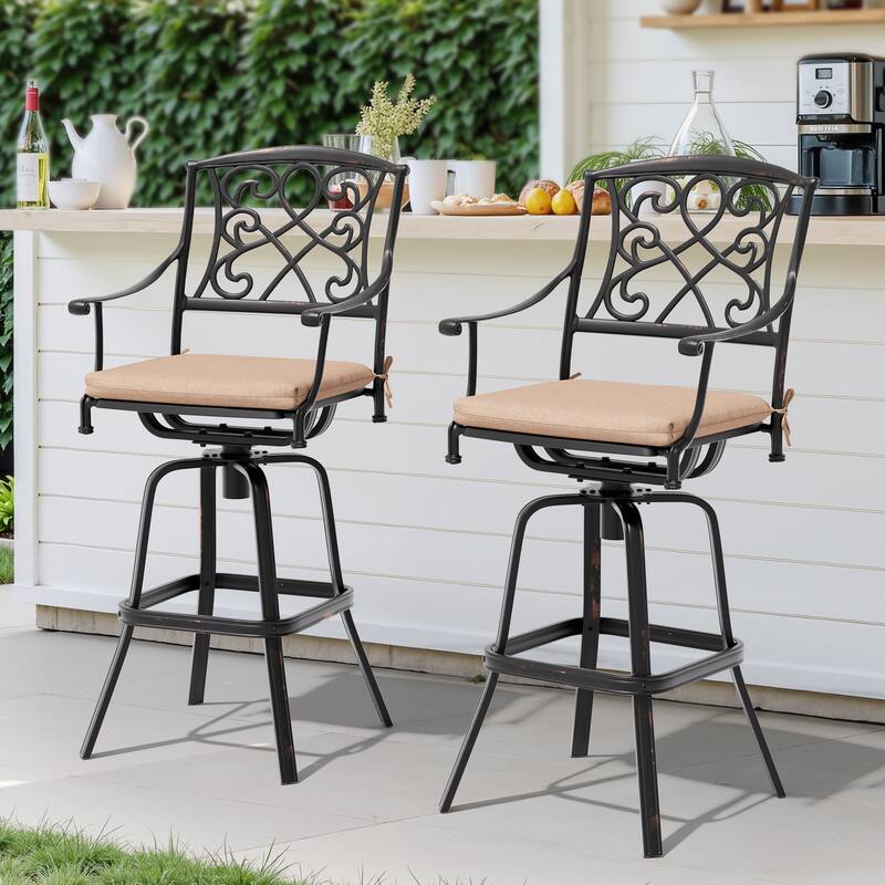 Set of 2/4 Outdoor Cast Aluminum Swivel Bar Stools with Sunbrella Fabric Cushion