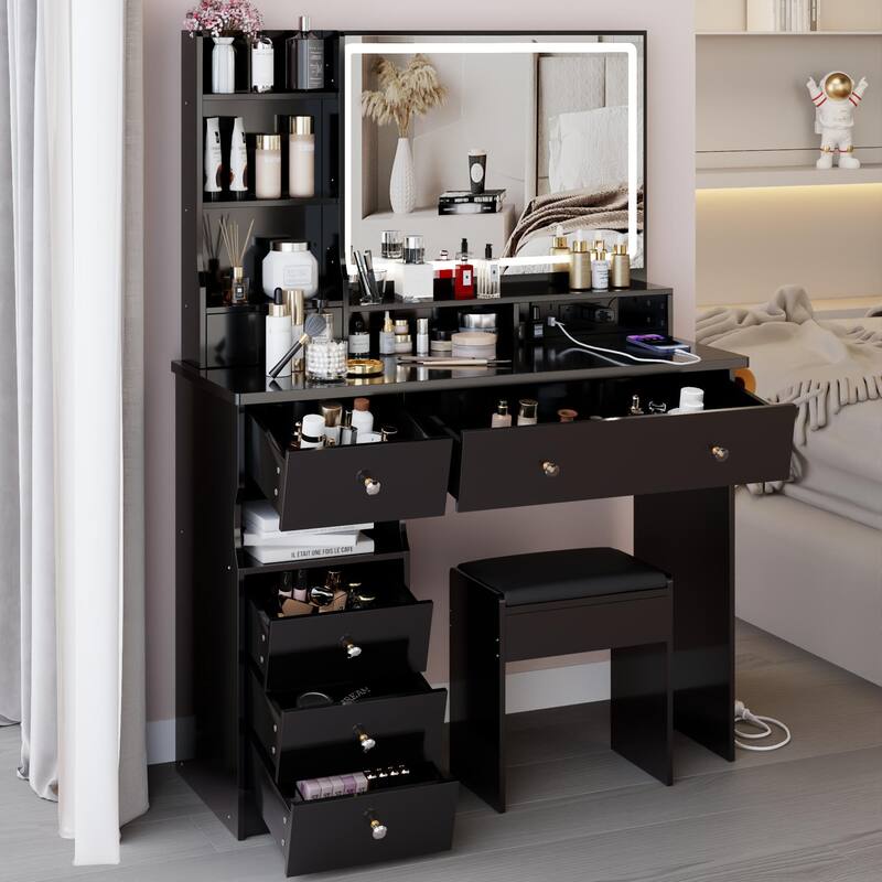 41" Large Size Left Drawer Desktop Vanity Table + Cushioned Stool Dresser Set, 2 AC+2 USB Power Station, Hair Dryer Stand