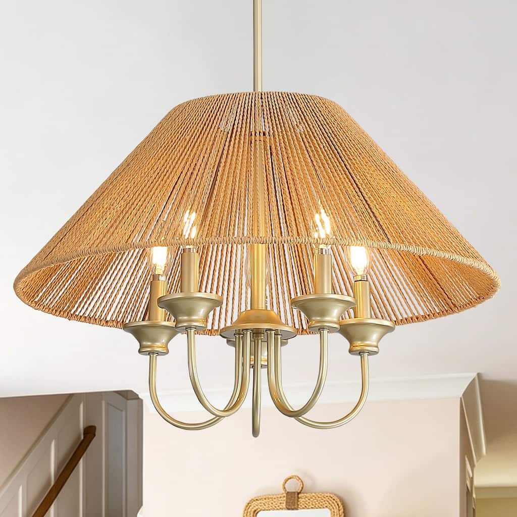 23.8" Boho Farmhouse 5-Light Pendant Light,Natural Hand-Twine Shade Gold Metal Chandelier - 24 inch