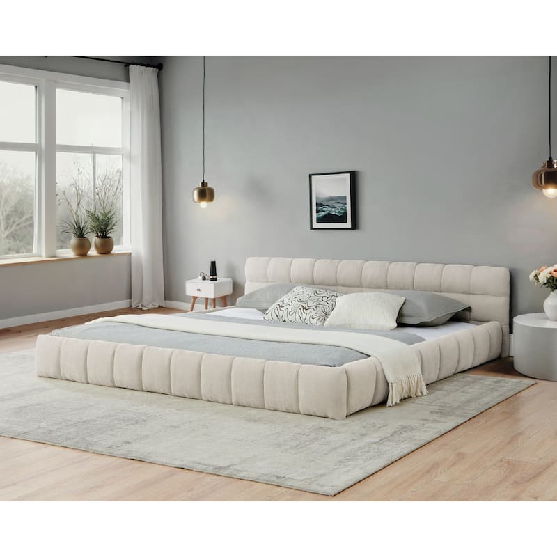 King Size Upholstered Bed Frame With Thick Fabric,Grounded Queen Size Platform Bed With Headboard And Solid Frame - Beige