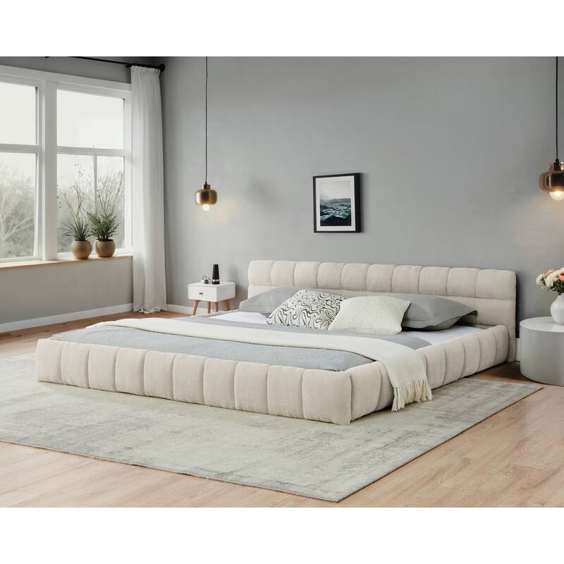 Upholstered Beige Platform Bed Frame with Headboard