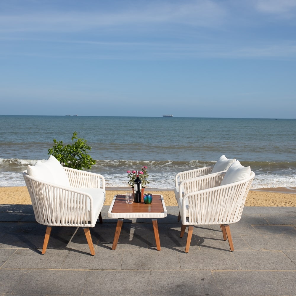 SAFAVIEH Outdoor Amelie 4 Piece Coastal Patio Chat Set - 55W x 31D x 28H