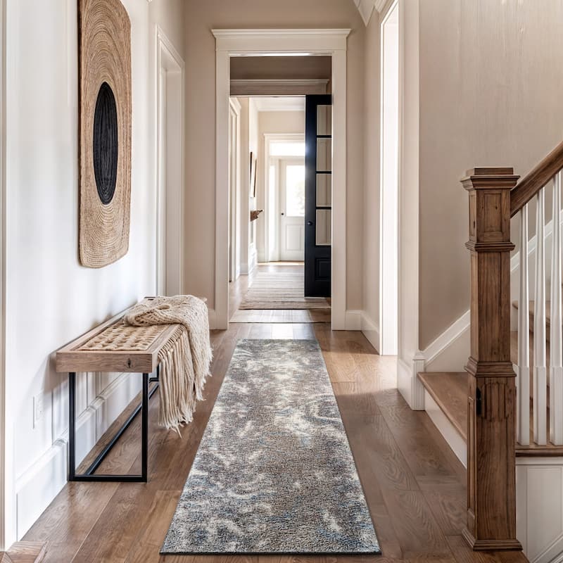 Abstract Marble Shag Rug - Anthracite Dark Gray - Plush Medium Pile, Durable with Jute Backing - Blue - 2' 3" x 8'