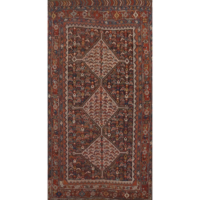 Hand Knotted Oriental 100% Wool Carpet Traditional Tribal Navy Blue & Blues Qashqai Area Rug - 8' 10'' X 4' 10''