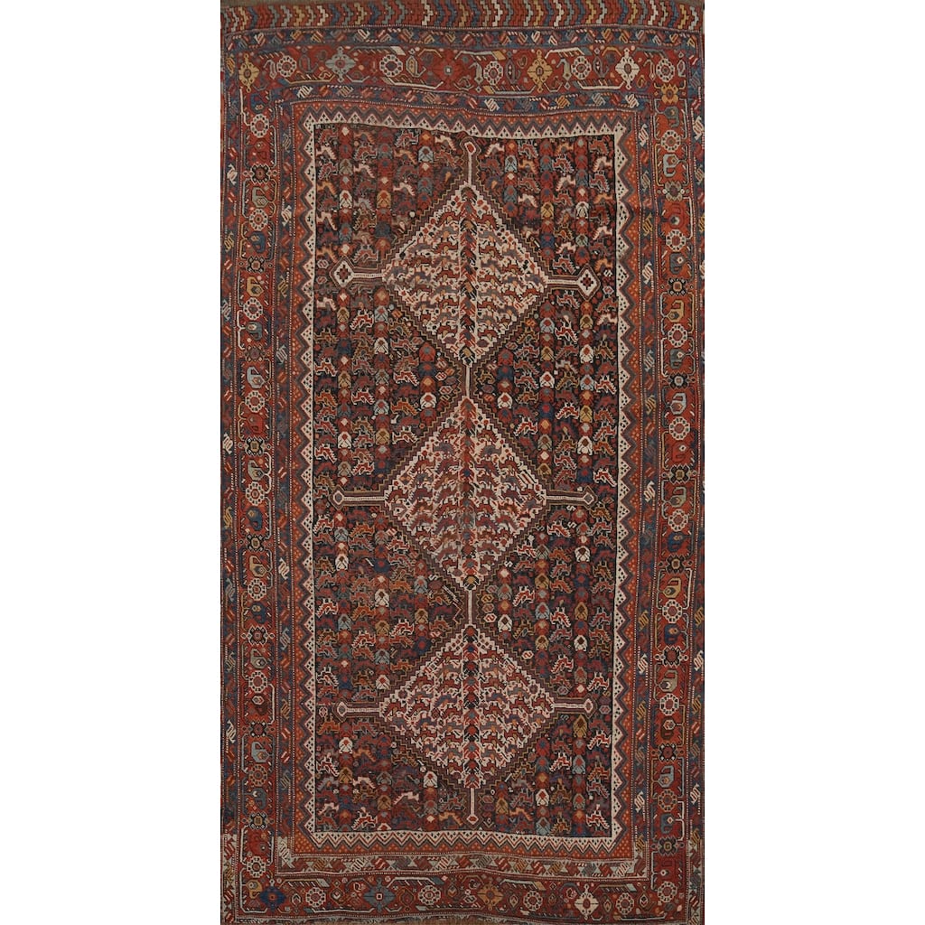 Hand Knotted Oriental 100% Wool Carpet Traditional Tribal Navy Blue & Blues Qashqai Area Rug - 8' 10'' X 4' 10''