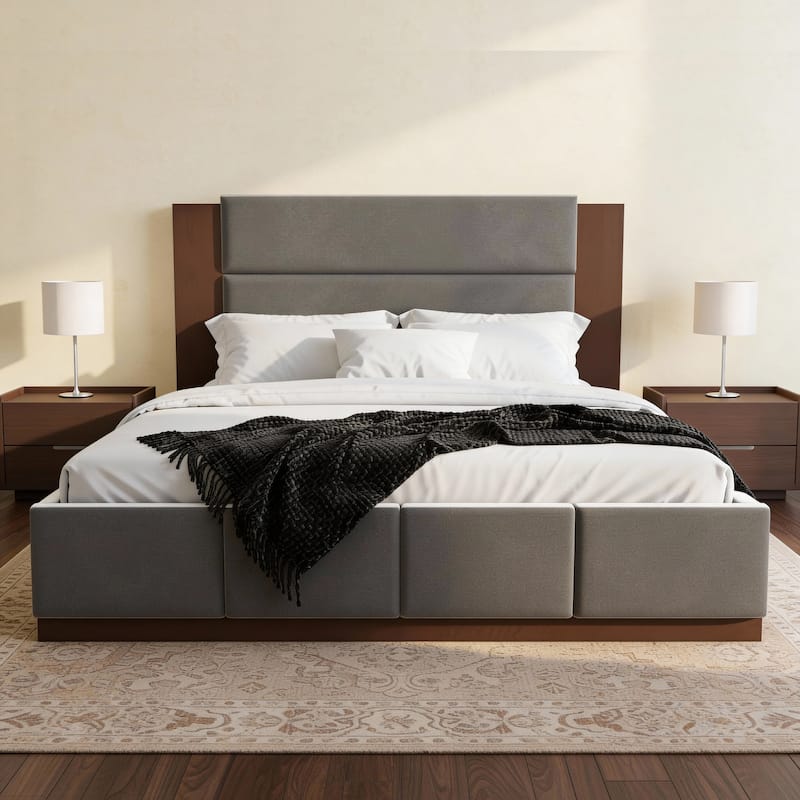 Velvet Upholstered Platform Bed Frame with 49" High Headboard, Stable Solid Wood Base, Wooden Slat Support, Noise-Free Structure