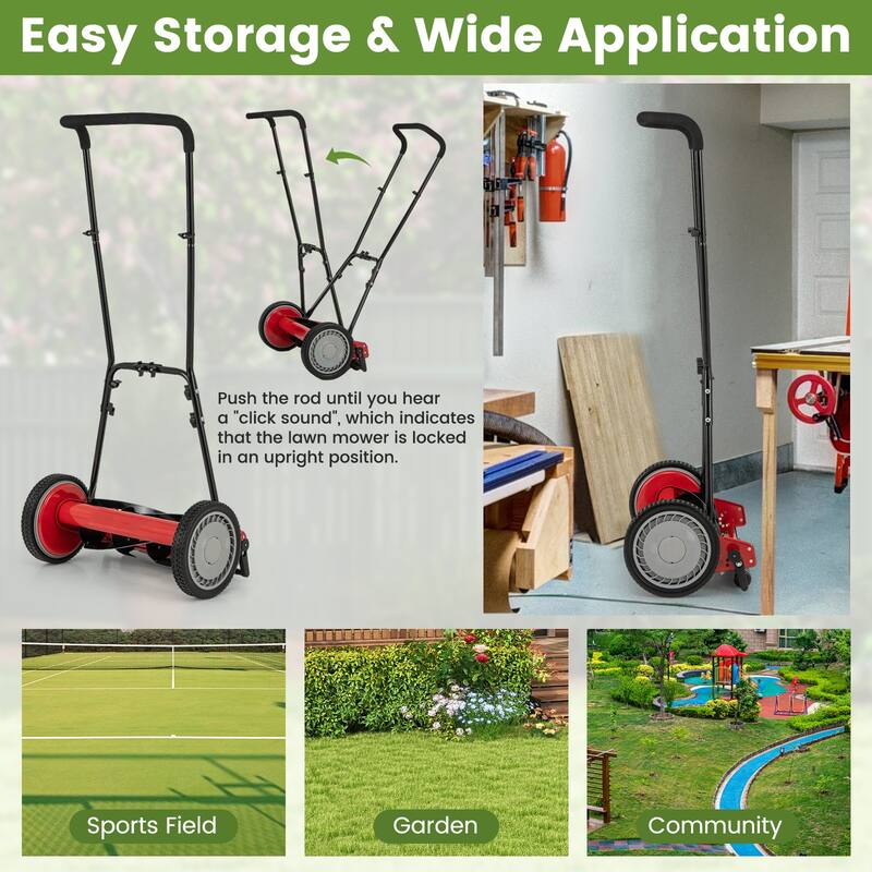 Manganese Steel Manual Lawn Mower with 5 Blades and Grass Bag - 23" L x 28" W x 49" H
