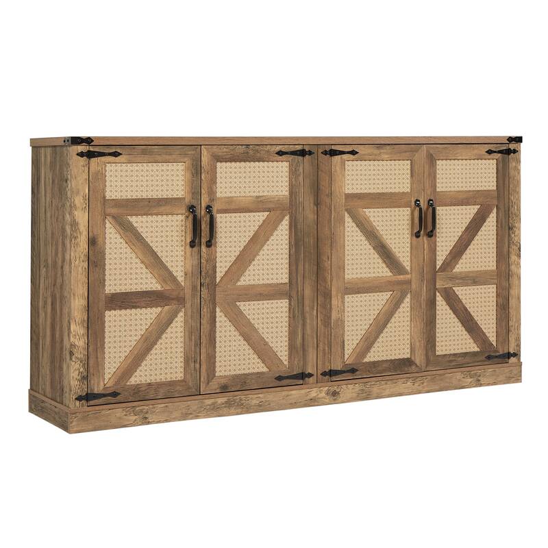 Rustic Faux Rattan Sideboard Adjustable Shelves Buffet Cabinet, Living Dining Room Accent Cabinet TV Cabinet Console Table, Oak