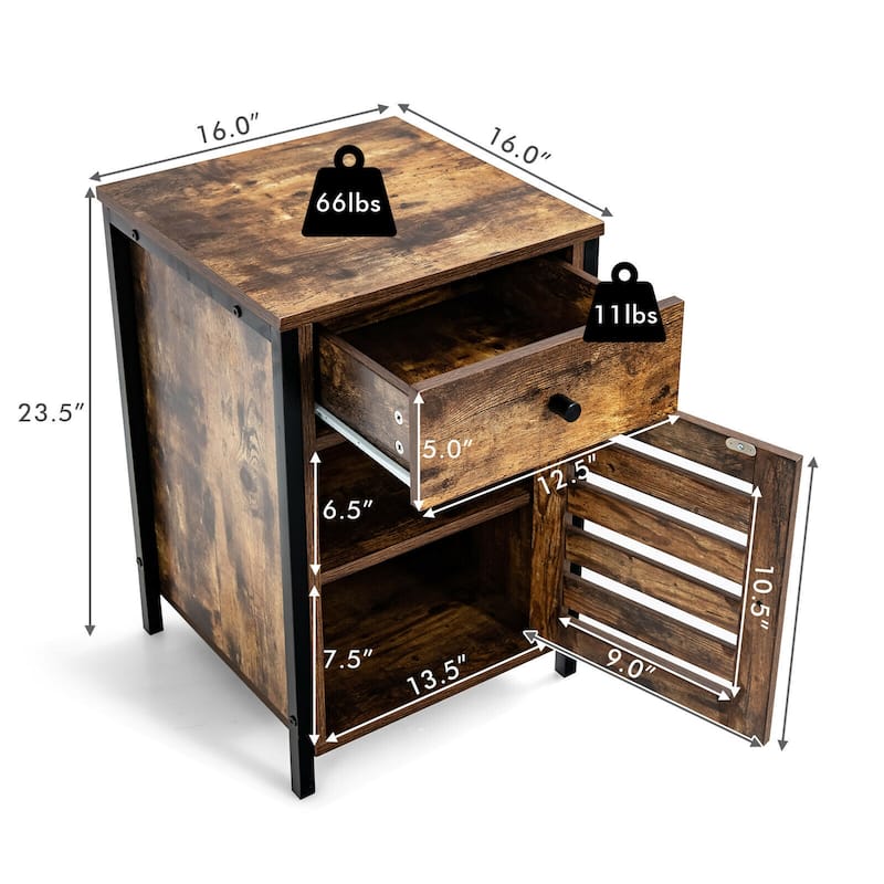 Gymax Nightstand with Drawer Cabinet Adjustable Shelf Industrial Side