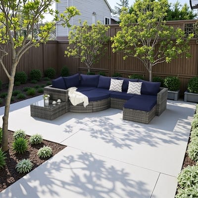 8-Piece Outdoor Wicker Sectional Sofa Set with Curved Seating, Ottomans & Tempered Glass Table and Washable Cushions