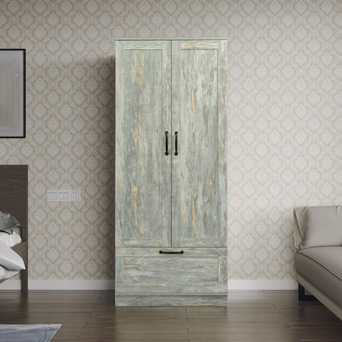 High Family Wardrobe with 2 Doors(Natural and White without Drawers)