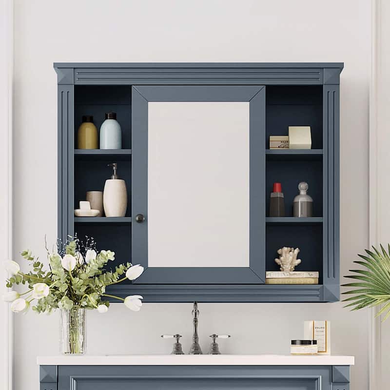 35'' x 28'' Wall Mounted Bathroom Storage Cabinet with Mirror,6 Open Shelves