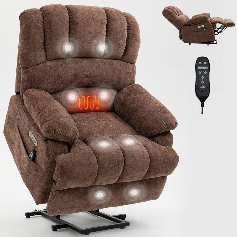 Oversized Power Lift Recliner Chair with Massage, Heat, 8-Point Vibration, Lumbar Heating, USB Port, Dual Side Pockets
