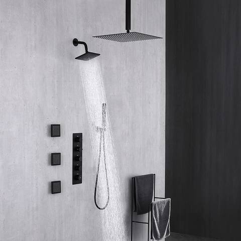 matte black dual shower heads 4 way thermostatic shower system with body jets - 7'6" x 10'9"