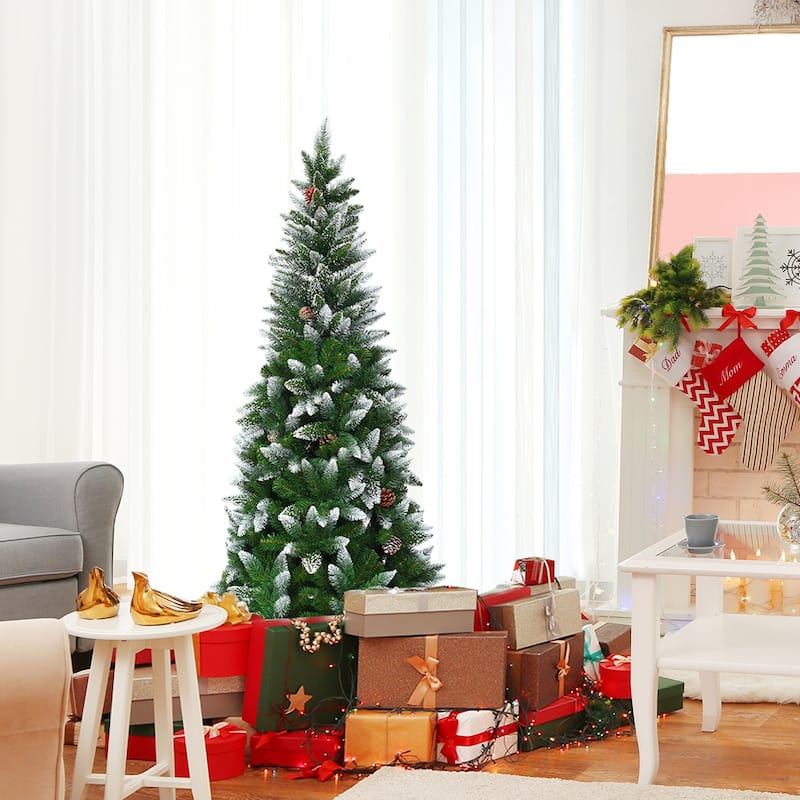 Gymax 5'/6'/7.5'Snow Flocked Pencil Christmas Tree w/ PVC Needles - See Details