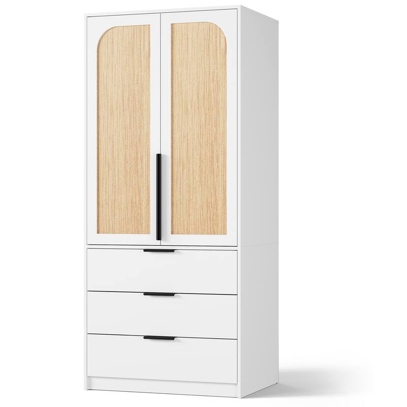 69.5" Armoire Wardrobe Closet with Rattan Doors, 3 Drawers & Hanging Rod, Wooden Storage Cabinet for Bedroom - White