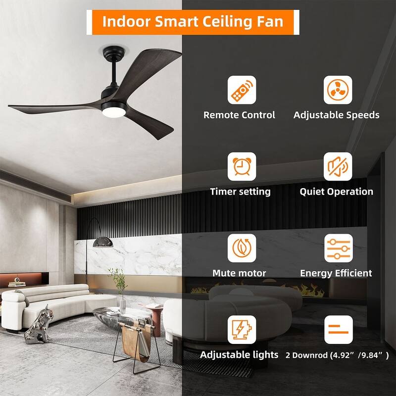 52 inch Smart Ceiling Fan Light with Remote Control with 3 Wood Blades,Flush Mount,Dimmable LED