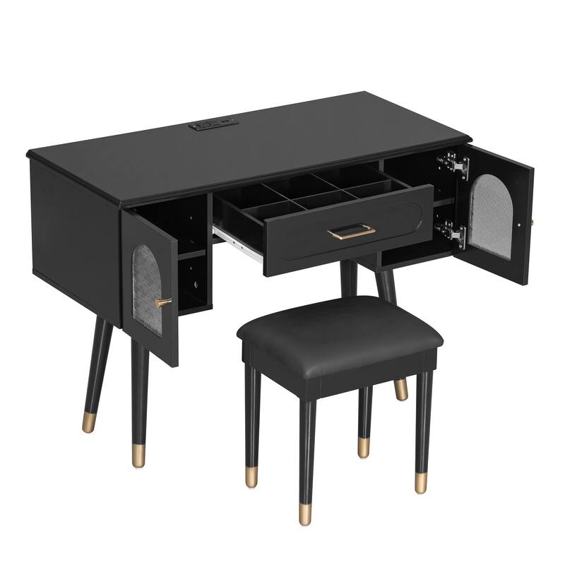 Elegant Vanity Makeup Table & Chair Set, Modern Dressing Table with Organizer, Writing Desk, Charging Port, Black