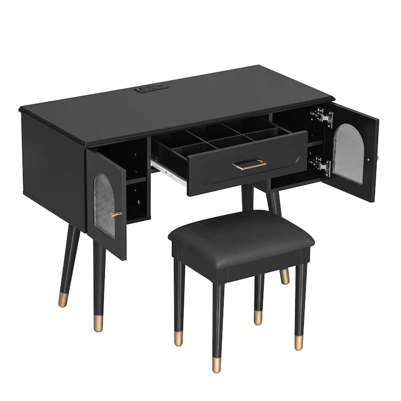 Elegant Vanity Makeup Table & Chair Set, Modern Dressing Table with Organizer, Writing Desk, Charging Port