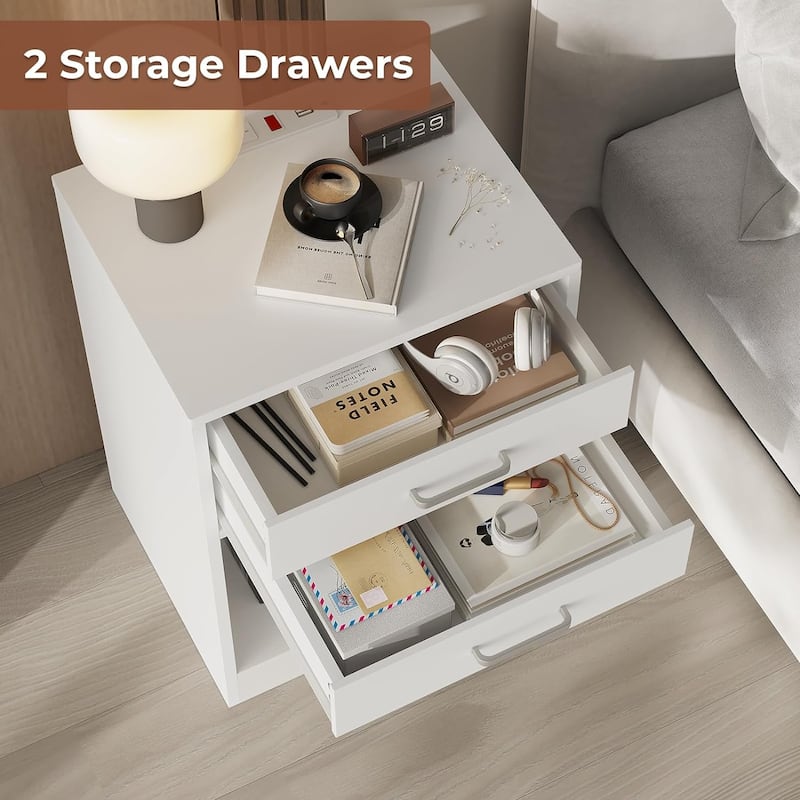 Nightstand 2 Drawers End Table Charging Station Nightstand Set of 2