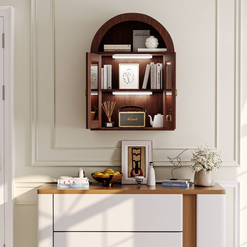 Wall Mounted Arched Cabinet with Glass Doors, Light and Adjustable Shelves for Laundry Room, Bathroom, Kitchen