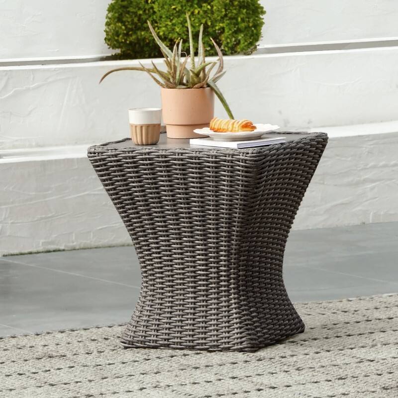 Spruce & Spring Murphy Patio Outdoor Wicker Side Table with Cement Top - Grey Wicker