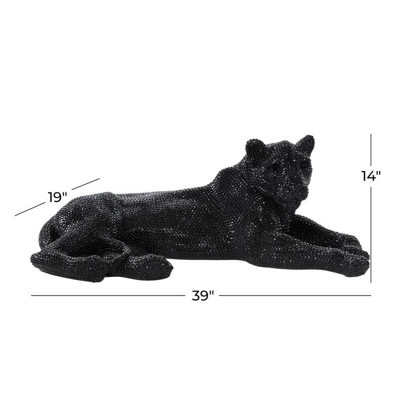 Polystone Floor Leopard Sculpture with Carved Faceted Diamond Exterior - Black or Silver