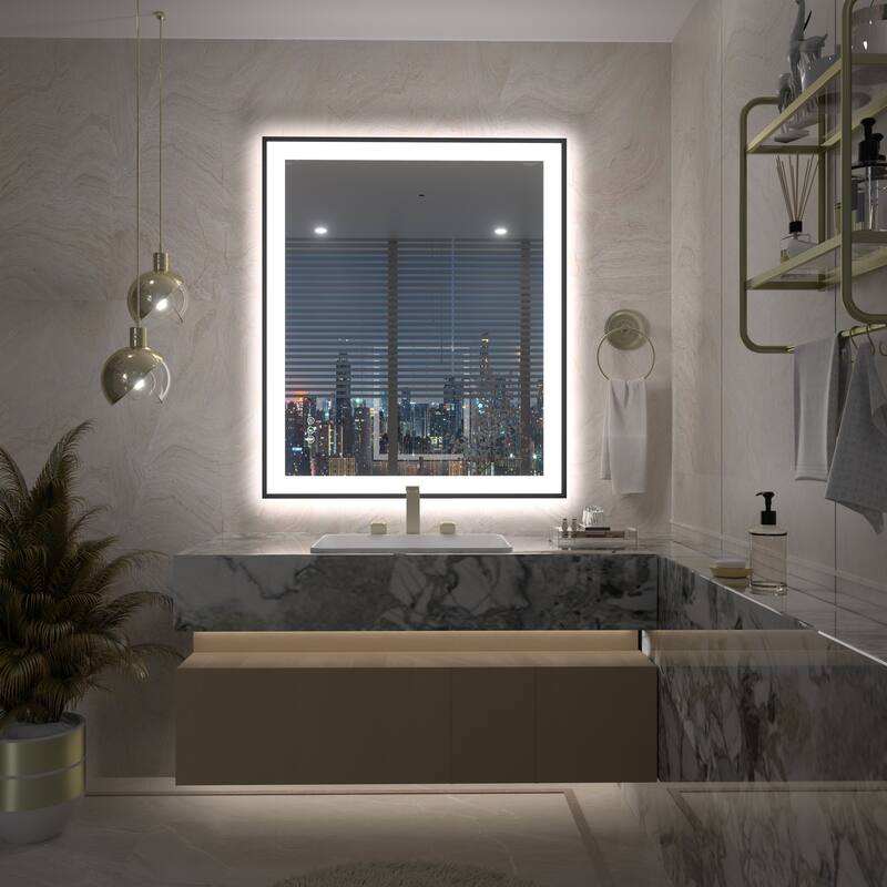 UL Certified Front & Back LED Anti-Fog Tempered Glass Framed Bathroom/Vanity Mirror 3-Year Warranty - 36" x 30"-Square Corner - Black