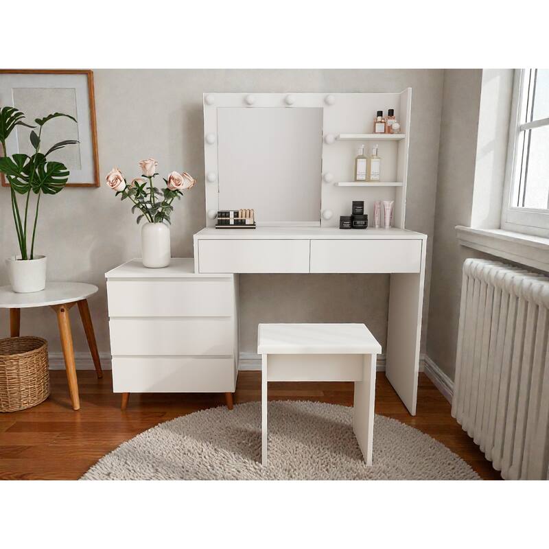 White LED Lighted Makeup Vanity Table with Mirror, Storage Drawers, Organizers & Stool, Modern Beauty Station for Small Rooms - White