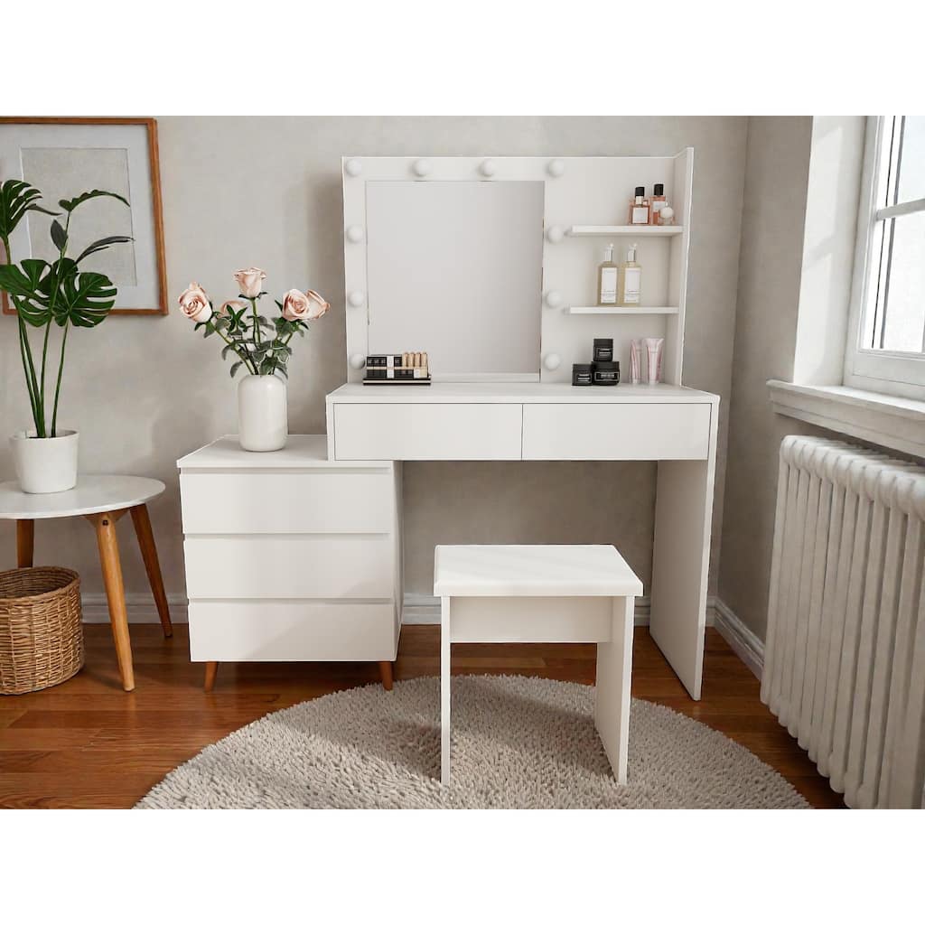 White LED Lighted Makeup Vanity Table with Mirror, Storage Drawers, Organizers & Stool, Modern Beauty Station for Small Rooms