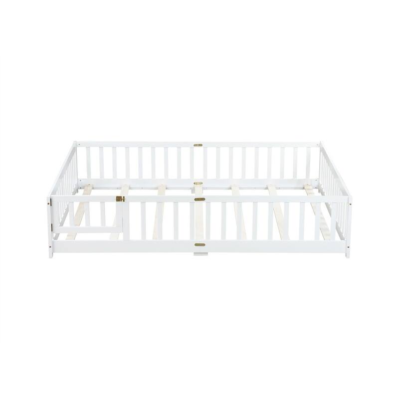 Twin/Full/Queen Size Floor Bed with Fence Guardrails and Door, Rubber Wood Toddler Bed Montessori Bed with Slats Support
