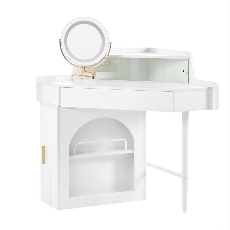 Corner Makeup Vanity Desk With Mirror & LED Lights