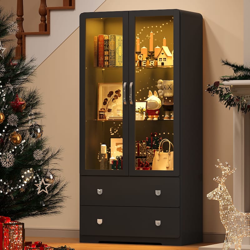 64'' Tall Display Cabinet with Acrylic Doors and LED Lights - N/A