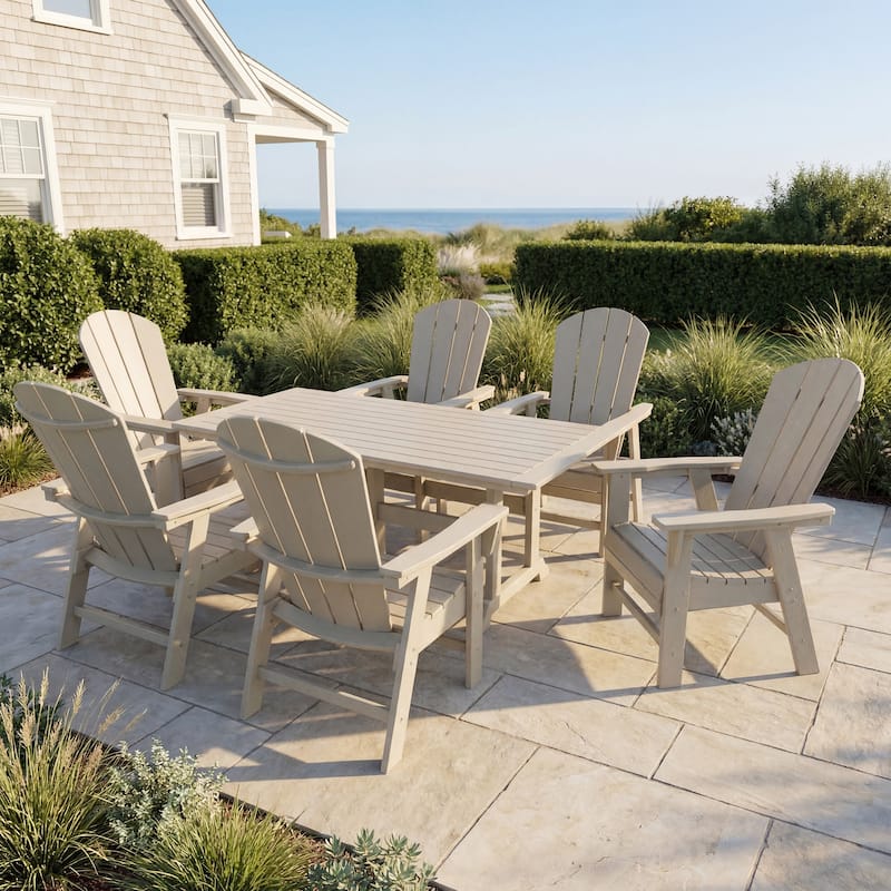 Laguna Hdpe All Weather Outdoor Patio Rectangular Adirondack Dining Chairs With Table (7-Piece Set) - Sand