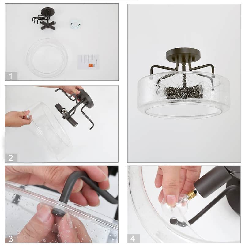 Modern 3-Light Drum Semi-Flush Mount Glass Ceiling Light