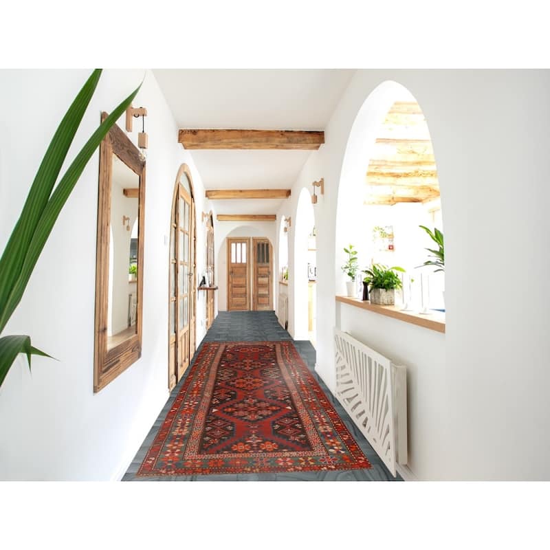 Hand Knotted Oriental 100% Wool Carpet Traditional Tribal Brown Kazak Runner Rug - 12' 6'' X 3' 4''